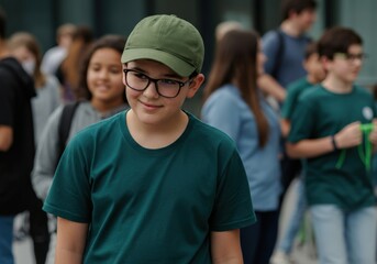 Obraz premium Boy wearing green cap and shirt standing in a crowd
