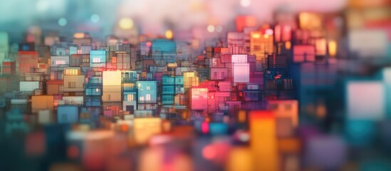 Blurred image depicting a vibrant metropolis with homes and buildings ideal for wallpaper and backdrop design