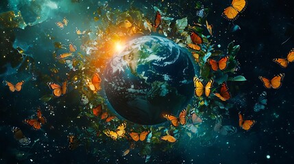 Fototapeta premium Earth Surrounded by Glowing Butterfly Ring Symbolizing Nature s Delicate Balance