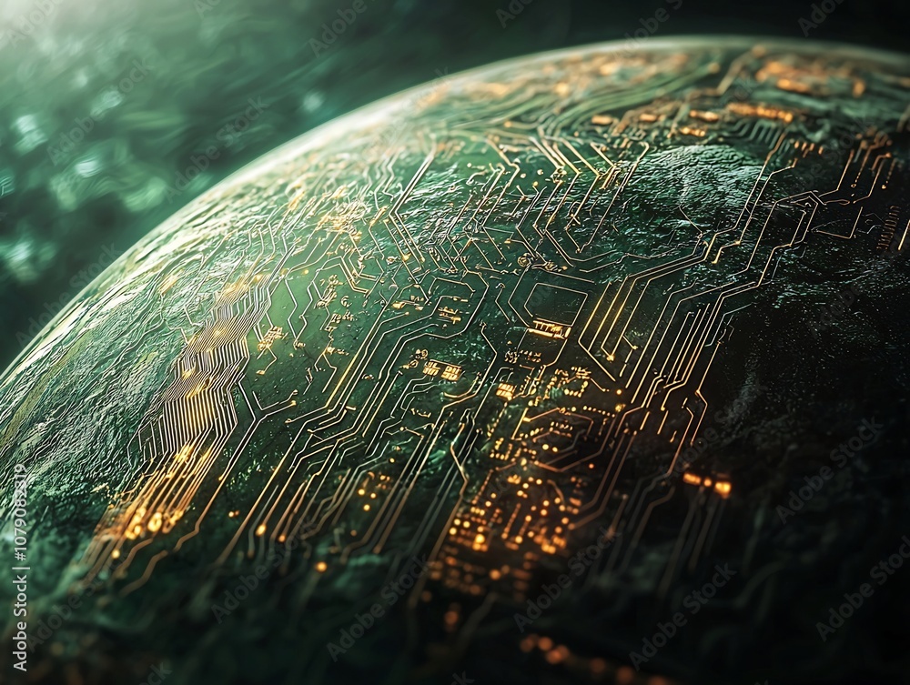 Poster digitalized planet earth with overlapping circuit and grid patterns futuristic technology and sustai