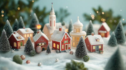illustration of a Christmas village with snow in a vintage style winter holiday setting