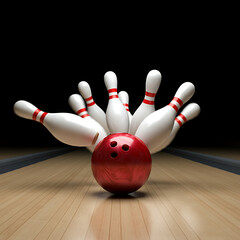 Dynamic Bowling Moment with Red Ball and Pins Falling

