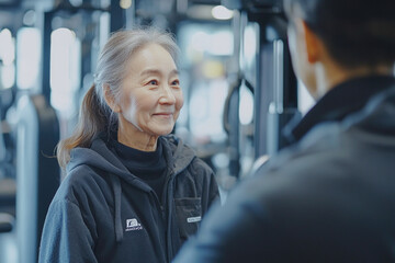 An older woman with gray hair, wearing a dark jacket and ponytail, smiles warmly at someone out of frame in a gym setting