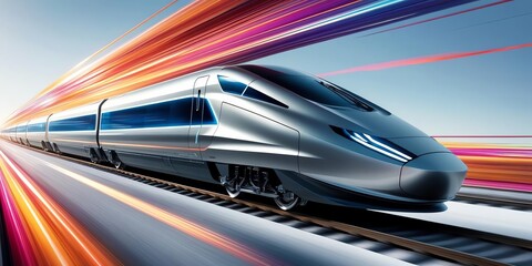 Futuristic high-speed train in motion, showcasing dynamic speed with colorful motion blur, set against a clear blue sky.