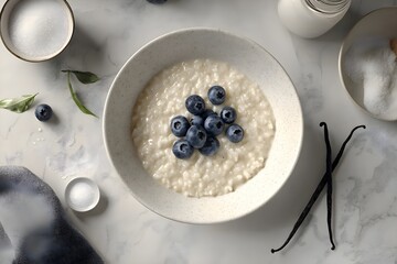 Close-up of creamy riz au lait, rice pudding, in a white bowl topped with blueberries, on a sleek modern table. Nearby are a cup of sugar, milk bottle, and vanilla pods, in a softly lit, minimalist ki