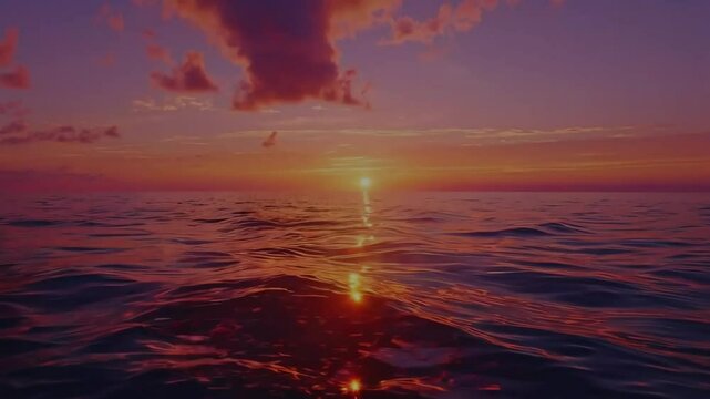 A beautiful sunset over the ocean, with the sun reflecting off the water and creating a beautiful array of colors in the sky and water.