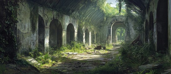 Abandoned ruins of a historic military settlement showcasing deteriorating structures and overgrown vegetation evoking a sense of mystery and history
