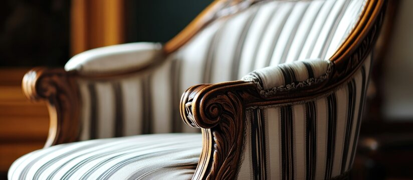 Antique Biedermeier chair with elegant stripe fabric and intricate wood carving perfect for vintage decor