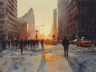 Obraz premium Early morning in a city with people watercolor style