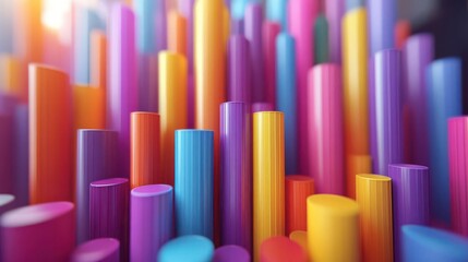 A vibrant arrangement of colorful cylinders creates an abstract scene, evoking a sense of playful energy and creativity.