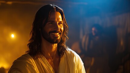 Portrait of Jesus Christ smiling gently, surrounded by a blue glow, expressing divine joy and spiritual peace. Soft light background, conveying sacred joy.