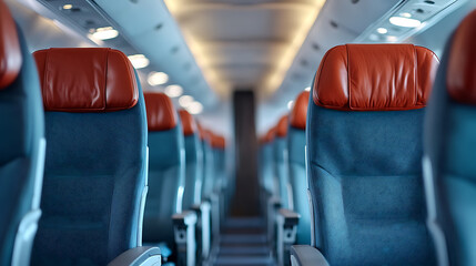 Explore the serene ambiance of an empty airplane aisle illuminated by overhead lights
