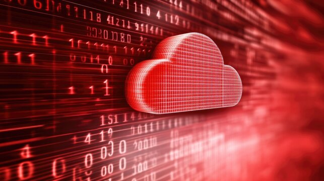 Red cloud icon over binary code background, representing digital cloud computing and technology, with a futuristic vibe.