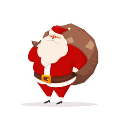 Santa Claus with a bag isolated on white background. Vector illustration for Christmas celebrate concept and New Year posters, gift and banners.