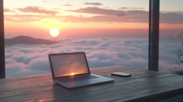 A Laptop and Mobile on a Wooden Table with Sunrise and Mountains in the Background