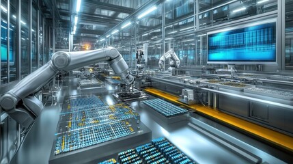 A robotic arm working in a factory full of automated equipment assembling microchips and producing advanced semiconductors in a high-tech manufacturing environment.