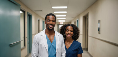 Fototapeta premium Two medical professionals smile at the camera in a hospital hallway