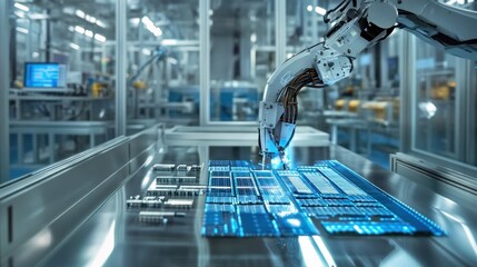 A robotic arm working in a factory full of automated equipment assembling microchips and producing advanced semiconductors in a high-tech manufacturing environment.