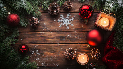 Christmas Ambience: Pine Cones, Candles, and Red Ornaments on a Wooden Table