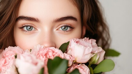 Fototapeta premium A close-up portrait of a woman surrounded by soft pink roses, showcasing her striking blue eyes and natural beauty, This image can be ideal for beauty, fashion, and floral-themed projects,