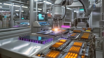 A robotic arm working in a factory full of automated equipment assembling microchips and producing advanced semiconductors in a high-tech manufacturing environment.