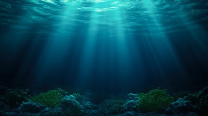 Beneath the ocean's surface, shafts of light illuminate vibrant coral and rocky seabeds, creating a serene underwater scene, Ideal for nature projects, aquatic themes, and educational materials,