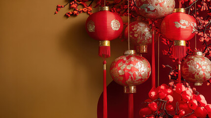 Red lanterns and decorations hanging for chinese new year celebration