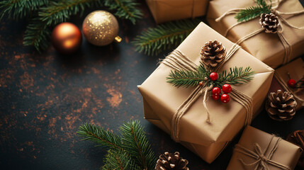 Christmas Gifts Wrapped in Brown Paper