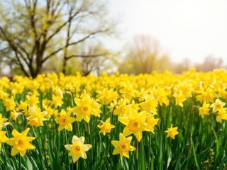 Obraz premium Vibrant daffodil flowers swaying in the breeze in a lush field of green grass, landscape, blooming, meadow
