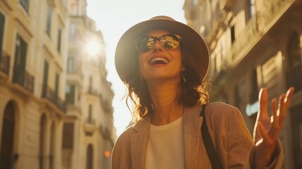Obraz premium Woman Pointing and Smiling on Sunny Street