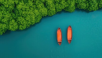 Obraz premium Travel industry, Sustainable tourism. Aerial view of two wooden boats on turquoise water, surrounded by lush green vegetation, creating a serene and tranquil scene.