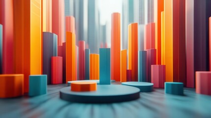 Obraz premium A vibrant 3D representation of colorful bars and circular shapes, suggesting data visualization or artistic design with a modern aesthetic.
