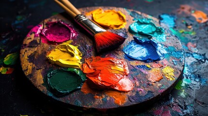 Fototapeta premium Vibrant Palette with Brush Surrounded by Colorful Acrylic Paints on Wooden Board for Artists and Creatives Showcasing Artistic Tools and Artistic Potential