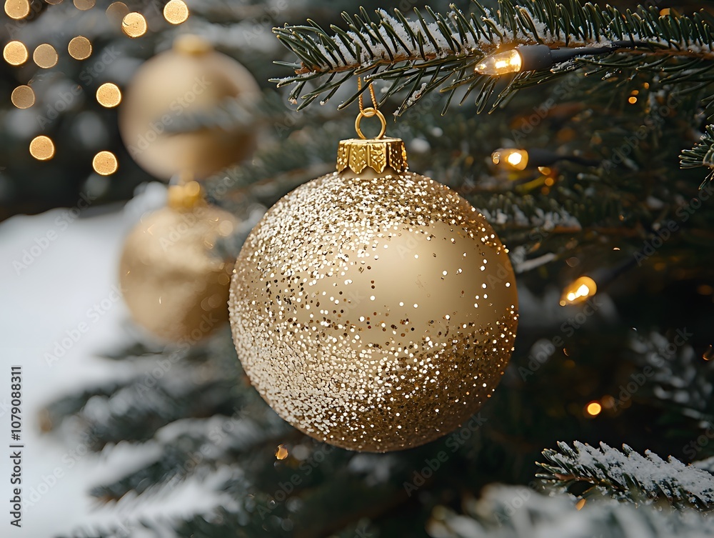 Poster elegant gold christmas ornament hanging on a snowy evergreen tree with sparkling bokeh lights in the