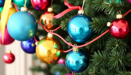 Vibrant Christmas baubles in various colors hanging beautifully on a green tree, capturing the festive spirit. Perfect for holiday decorations and celebrations, evoking joy and ornamental elegance.

