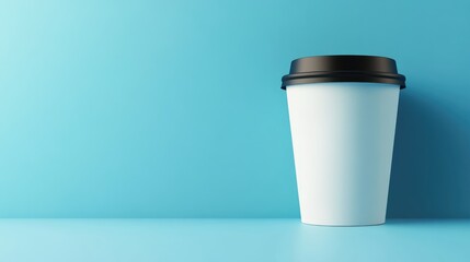 Disposable paper coffee cup with a black lid against a blue backdrop Minimalist design 3D rendering and illustration