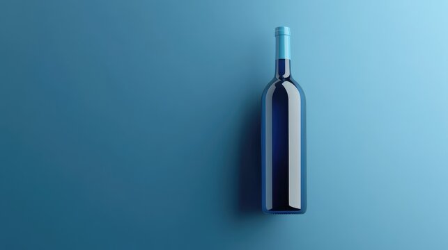 Floating blue wine bottle on a blue background showcasing a minimalist concept Monochromatic design with a 3D render style