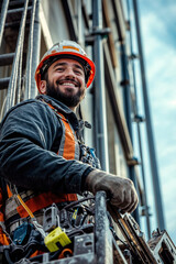 Smiling construction worker on a lift wearing safety gear and harness