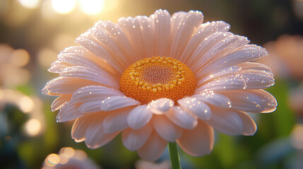 Close-up of daisy with dewdrops in warm sunlight. AI-generated