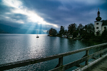 Austria. Alps. Traunsee. Traunkirche. Ort Castle. Hallstatt. Yacht on an Alpine lake.