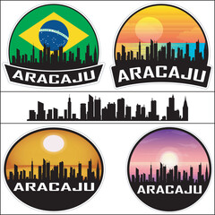 Obraz premium Aracaju Skyline Brazil Flag Cityscape Silhouette Travel Souvenir Sticker Sunset Isolated Vector