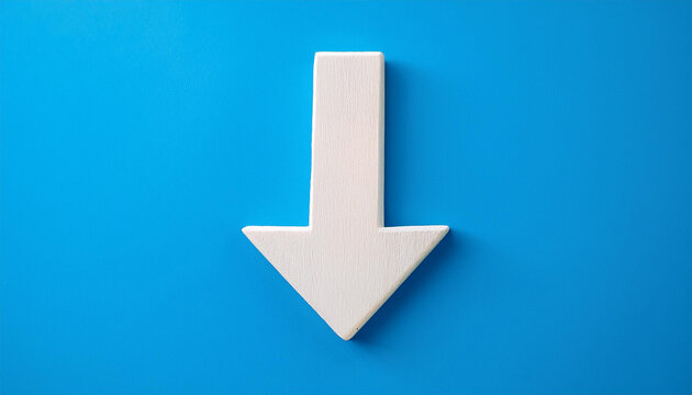 White wooden arrow pointing down on blue background. Business, market decline or economic.
