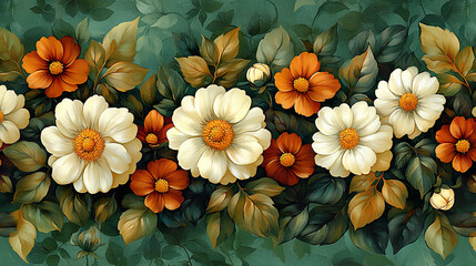 Vintage-style illustration of white and orange flowers with leaves on green background. AI-generated