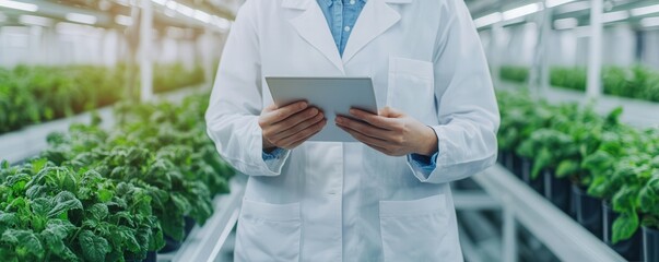 Sustainable Agriculture, Vertical Farming. A scientist in a lab coat is holding a tablet in a greenhouse filled with lush green plants, showcasing a blend of technology and agriculture.