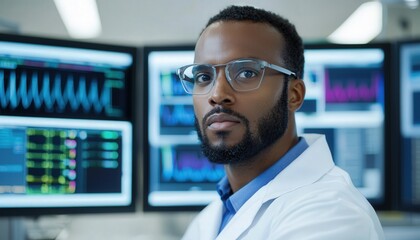 Fototapeta premium Pharmaceuticals, Personalized Medicine. A focused medical professional in a lab coat, wearing glasses, stands before multiple screens displaying health data and medical graphs.