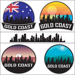 Fototapeta premium Gold Coast Skyline Australia Flag Cityscape Silhouette Travel Souvenir Sticker Sunset Vector