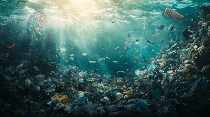 Fototapeta premium Underwater Ocean Pollution Highlighting Aquatic Life Amidst Debris and Waste