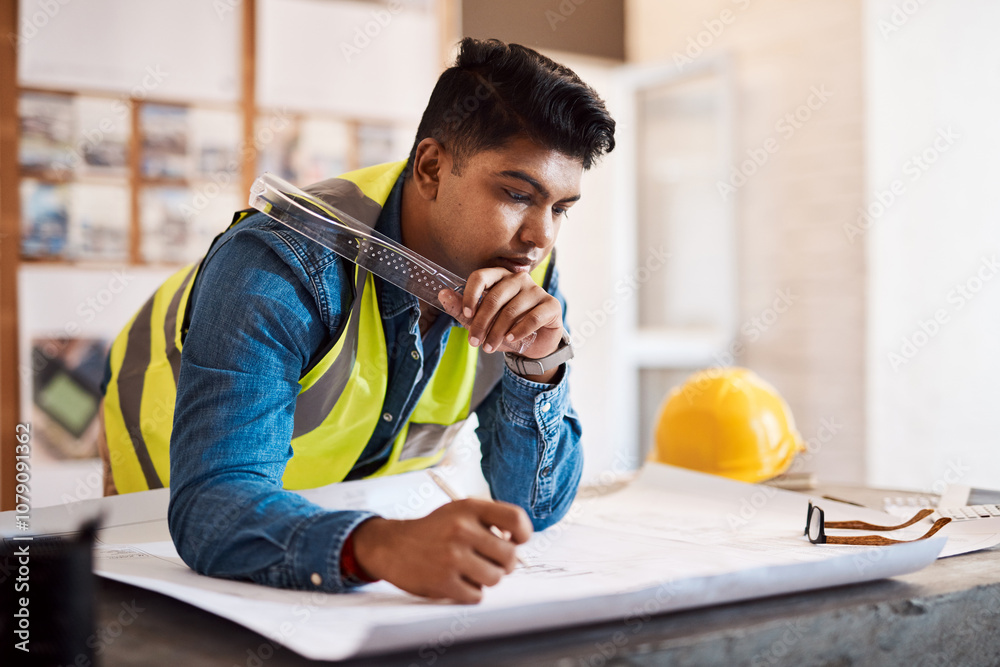 Poster Architect, man and drawing on floor plan in office for project development or illustration of property. Architecture, planning or ruler with design process for building renovation or blueprint sketch