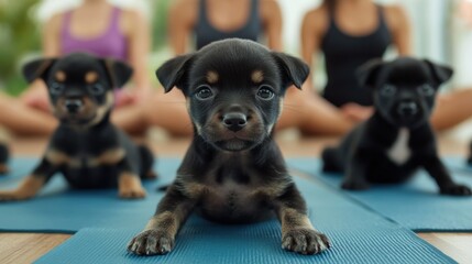 Cute Puppies Engaging in Yoga Class with Yoga Practitioners in Bright Studio, Promoting Calmness and Joyful Vibes in Wellness Environment