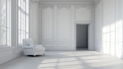 Empty white classic living room with Scandinavian design 3D interior illustration